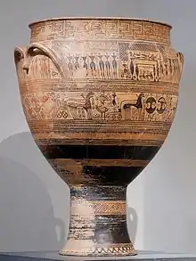 Vase monumental signalant la tombe d'un homme. Lamentation de femmes, procession de chars et fantassins.H. 108 cm. Met.