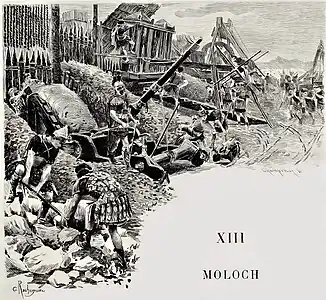 Les machines de guerre. Gravure de Champollion d'après Rochegrosse, 1900.