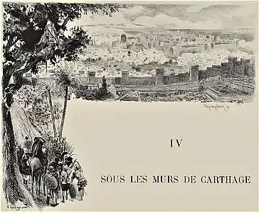 L'armée barbare arrive sous les murs de Carthage. Gravure de Champollion d'après une aquarelle de Rochegrosse, 1900.