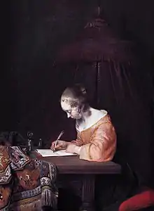 Gerard Ter Borch, Femme écrivant une lettre, vers 1655, 38 × 29 cm, La Haye, Mauritshuis.