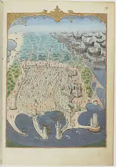 Vue topographique aérienne de la ville et de l'île entourées de bâteaux turcs.