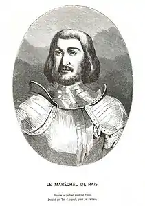 Le maréchal de Rais. Gravure de Charles Barbant d'après un dessin de Yan' Dargent inspiré par la toile de Féron, 1863.