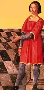 Détail d'une miniature représentant le procès de Gilles de Rais. Armes du président Bouhier, manuscrit à peinture, ms latin 17663, XVIIe&nbsp;siècle, BnF.