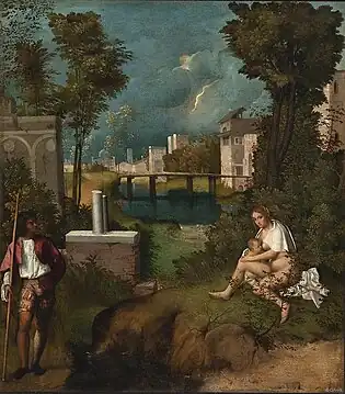 Image d'une peinture montrant sur la droite une femme qui allaite un enfant et, sur la gauche, un homme debout qui les regarde. Ils sont tous deux séparés par un petit ruisseau et des ruines. Dans le fond, on aperçoit une ville sur laquelle un orage éclate. Un éclair traverse le ciel couvert.
