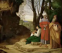 Image d'une peinture représentant trois personnages, deux debout et un assis, regroupés dans la moitié droite du tableau, tandis qu'à gauche domine une falaise sombre. Au centre, entre le décor rocheux et végétal, il y a un paysage lointain, avec un village entouré de verdure, où au loin le soleil vient se coucher parmi les collines perdues au loin.