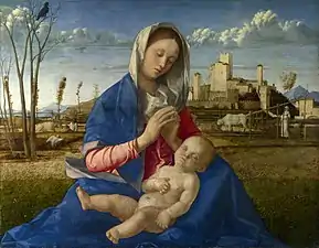 Image d'une peinture avec la Vierge assise dans ses habits bleu et rouge, les mains jointes et les yeux mi-clos, supporte l'Enfant nu, endormi la main droite sur le cœur, allongé sur ses genoux avec en arrière-plan un paysage  avec des arbres, des figures humaines habillées de blanc, des animaux de ferme, un aigle noir perché sur les branches et un serpent brun foncé au sol menace un échassier blanc. Un château s'élève à droite sur un mont avec ses murailles et ses tours prolongé à droite par des bâtiments et un pont.