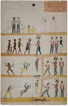 Proclamation du Gouverneur Arthur aux Aborigènes, vers 1828-30, huile sur planche de pin huon