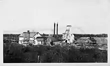 Des bâtiments miniers en bois et deux cheminées dans un environnement forestier.