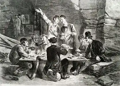 Gravure ancienne représentant un repas dans les galeries souterraines de carrières de gypse, sur le site actuel du parc.