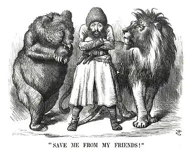 Portrait satirique de l'émir afghan Sher Ali Khan avec ses « amis » l'« ours russe » et le « lion britannique » (1878).