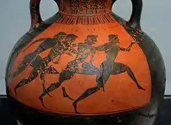 Coureurs participant au concours des Panathénées, vase, v. 530 av. J.-C. Staatliche Antikensammlungen.