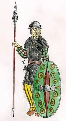 Thorakitès celte équipé d'un thuréos et d'une cotte de mailles.