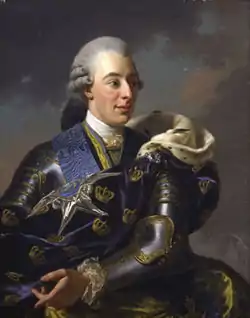 Tableau en couleurs. Homme en armure et manteau royal bleu regardant vers la droite.