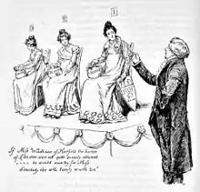 Gravure humoristique. Un homme face au choix entre trois jeunes filles