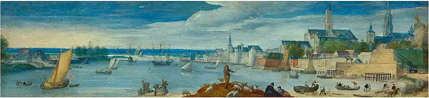 Hans Bol, Vue panoramique d'Anvers et de son port, huile sur vélin, 1584.