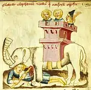 Représentation médiévale d'un éléphant de guerre (enluminure du XIVe&nbsp;siècle).