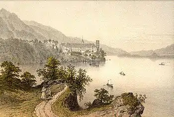 Gravure de l'abbaye au XIXe&nbsp;siècle, vue depuis le sud.