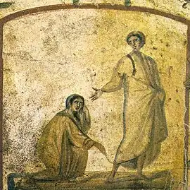 Christ en thaumaturge : Jésus guérissant une femme hémorragique.Catacombes de Rome, deuxième quart du IVe&nbsp;siècle.