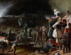 Tableau représentant Henri IV vêtu par ses serviteurs, avec Paris en fond. Un des serviteurs pose le casque au panache blanc sur la tête du roi.
