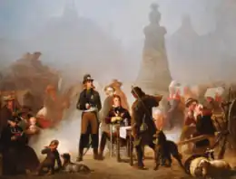 Peinture représentant La Rochejaquelein, debout, le prince de Talmont assis sur une chaise face à une table ou est présentée une carte et Jean Chouan, de dos, au milieu d'une foule d'hommes et des femmes sur une place de la ville.