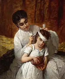 Peinture montrant une mère mettant un bandage à la tête d'une petite fille. Elles sont habillées de blanc éclatant et l'arrière-plan est de couleur rouille. La fille tient un bol couleur rouille et ses cheveux roux rappellent la couleur de l'arrière-plan sur la robe blanche de la mère.