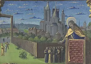 Représentation de la cathédrale Saint-Étienne de Bourges au XVe&nbsp;siècle, détail d'une enluminure ornant les Heures de Louis de Laval, fo&nbsp;265&nbsp;ro, Paris, BNF, vers 1469-1485.