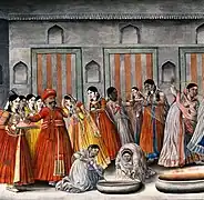 Holi dans une résidence noble Awadhie. Détail d'une miniature du XIXe siècle. Holi, ou Eid-e-Gulabi, était observé par un large pan de la société musulmane indienne.