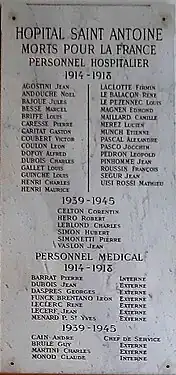 Plaque commémorative aux Morts pour la France à l'hôpital Saint-Antoine.