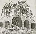 Horatius Coclès revient à la nage vers Rome après avoir défendu l'accès au pont Sublicius, gravure du XVIe&nbsp;siècle.
