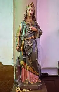 Ste Barbe, statue St Sulpicienne en plâtre, fin XIXe&nbsp;siècle (église St-Omer d'Houchin dans le Pas de Calais)