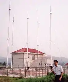 Homme posant devant cinq antennes blanches. Celles-ci sont soutenues par des câbles.