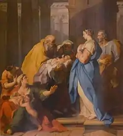 Tableau montrant deux vieillards portant le bébé d'un couple situé à droite.