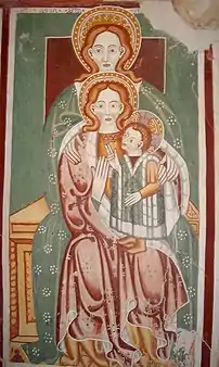 Peinture murale avec le groupe Anne, Vierge et Jésus. Jésus fait un geste de bénédiction.