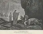 Virgile nourrissant Cerbère dans le troisième Cercle de l'Enfer. Illustration de L'Enfer de Dante par Gustave Doré (XIXe&nbsp;siècle).