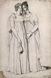 Portrait de 2 jeunes filles enlacées. Dessin