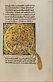 Lettrine d'une enluminure du XIIe&nbsp;siècle, formée par un entrelacs de cordons qui est en même temps un rinceau peuplé de figures humaines et animales. Le paon reste aussi une figure très présente tout au long du Moyen Âge.