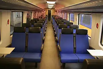 Intérieur 2e classe d'une Automotrice ICM, semblable à l'intérieur des ICR aux couleurs Fyra.