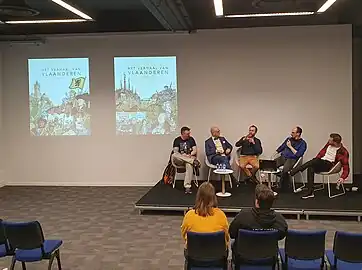 Interview avec Shirow Di Rosso (gauche), Harry De Paepe, Frodo De Decker (centre) en 2023.