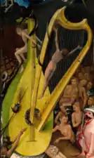 Une cithare et une harpe sur laquelle est crucifié un personnage (détail du tableau).