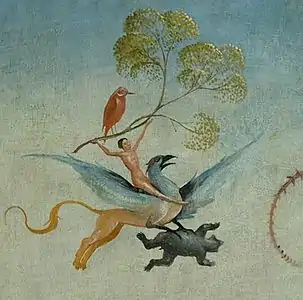 Personnage muni d'une branche à cheval sur un griffon