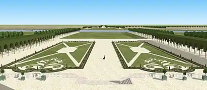 Restitution des jardins du château de Maisons au XVIIIe&nbsp;siècle. Vue depuis le premier étage.