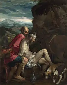 Jacopo Bassano, v. 1562-63. Le bon Samaritain, 102&nbsp;×&nbsp;79&nbsp;cm. National Gallery, Londres