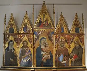 La Vierge et l'Enfant entourés de saints, panneau de bois peint a tempera, Pinacothèque nationale de Sienne.