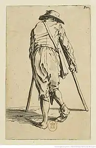 no&nbsp;5 : Le mendiant aux béquilles coiffé d'un chapeau et vu de dos