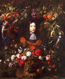 Portrait du Prince William III dans une guirlande de fleurs par Jan Davidsz de Heem, avec un portrait par Vermeer van Utrecht.