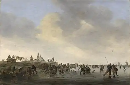 Jan van Goyen, Patineurs sur le Merwede près de Dordrecht, panneau, 392 x 585&nbsp;mm, 1646. Acquis en 1919.