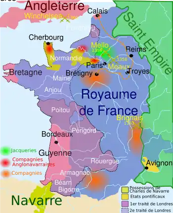 carte de France en bleu, avec des zones vertes, rouges, violet