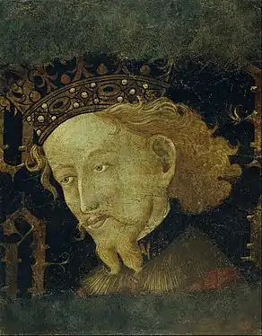 Portrait de Jacques Ier le Conquérant peint en 1427 pour l'Hôtel de Ville de Valence avec Jaume Mateu (MNAC)