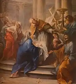 Tableau montrant une femme en bleu agenouillée sur des marches, un vieillard s'inclinant devant son bébé.