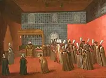 Le sultan ottoman Ahmed III reçoit l’ambassadeur néerlandais Cornelis Calkoen au Palais de Topkapı en 1727, tableau de Jean-Baptiste van Mour, 1727.